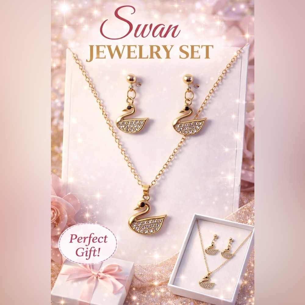 Swan Jewelry Set - Gold Crystal Pendant Necklace & Earrings